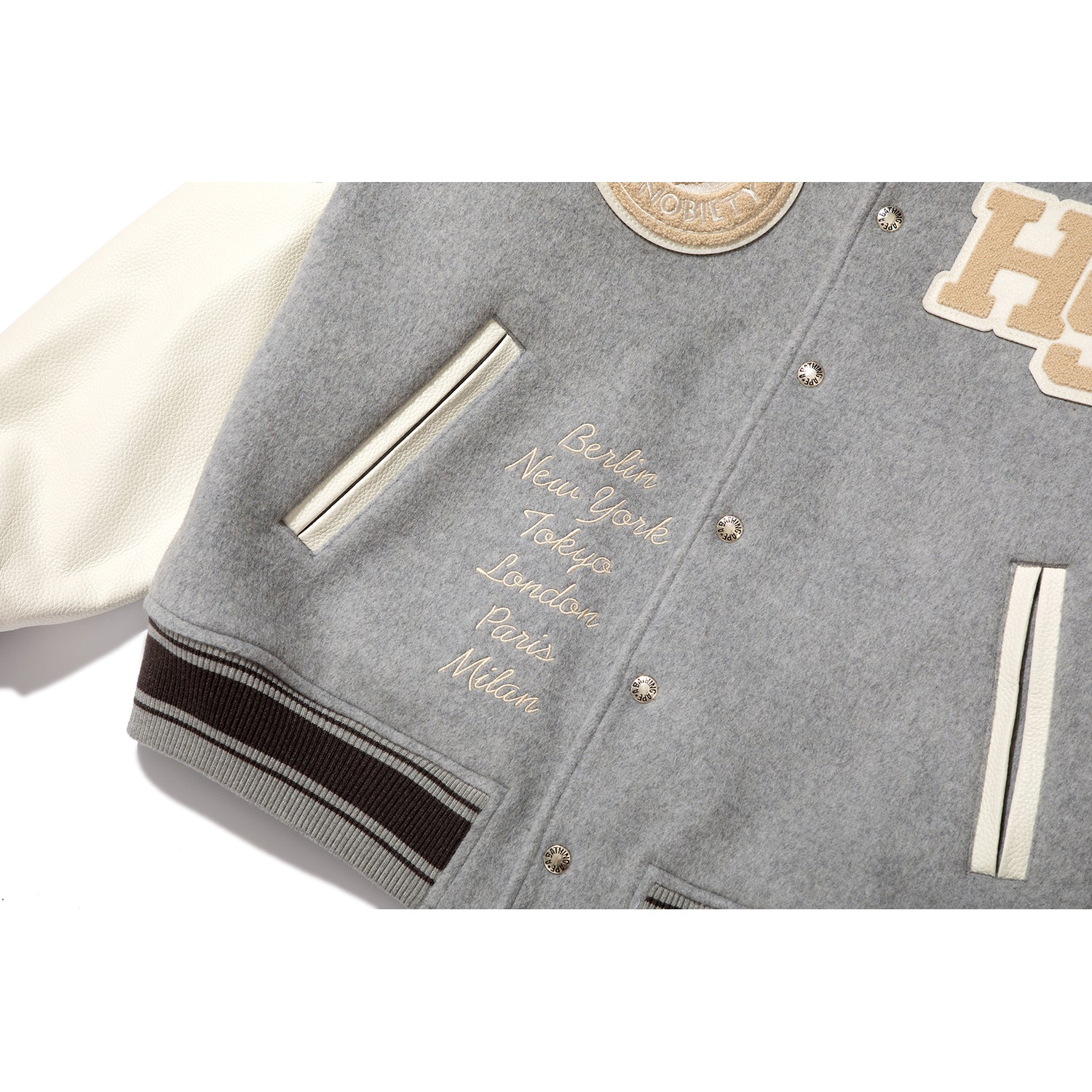 BAPE X HIGHSNOBIETY MULTI LOGO VARSITY JACKET MENS