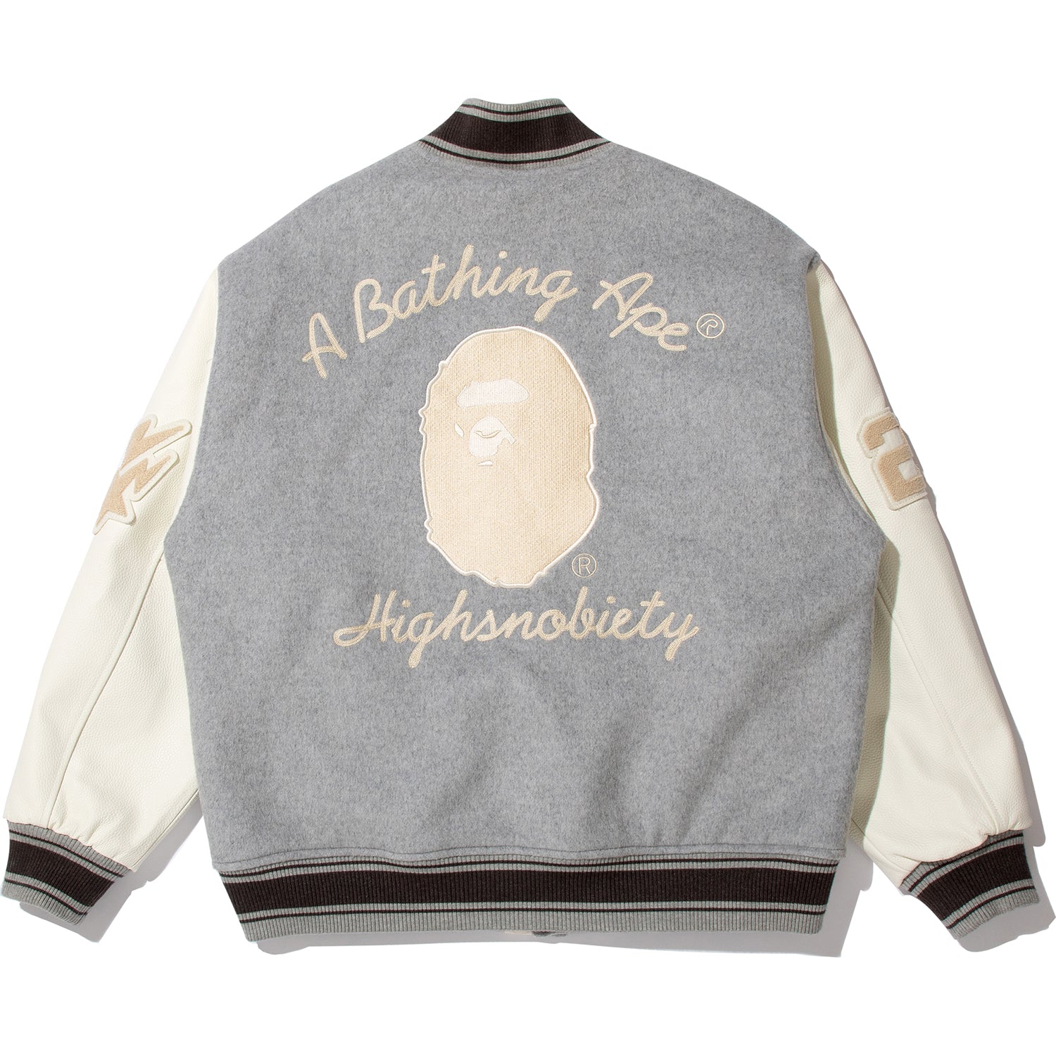 BAPE X HIGHSNOBIETY MULTI LOGO VARSITY JACKET MENS