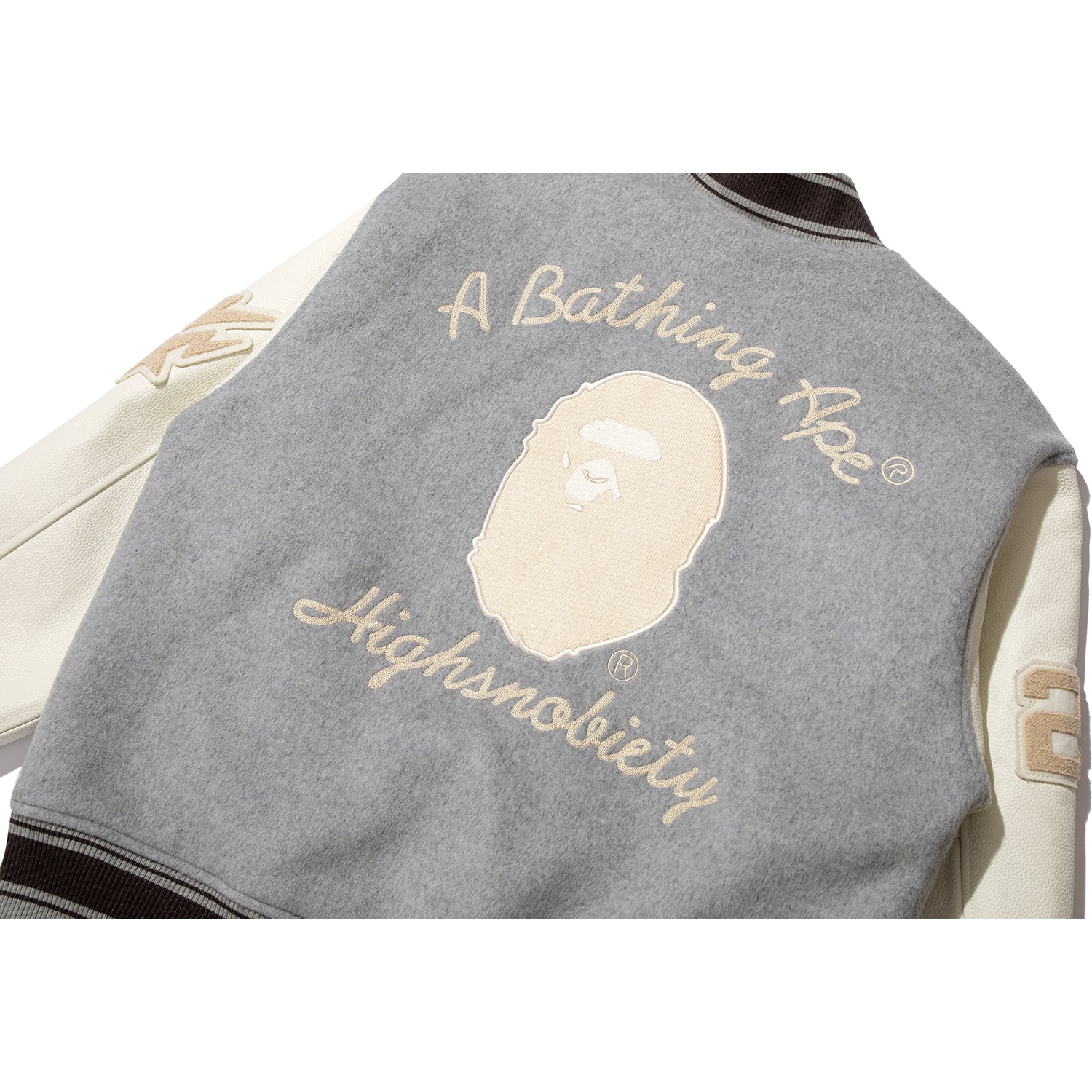 BAPE X HIGHSNOBIETY MULTI LOGO VARSITY JACKET MENS