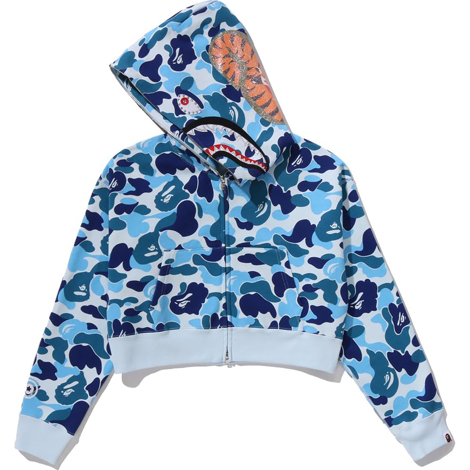 ABC CAMO CRYSTAL STONE SHARK CROPPED FULL ZIP HOODIE LADIES