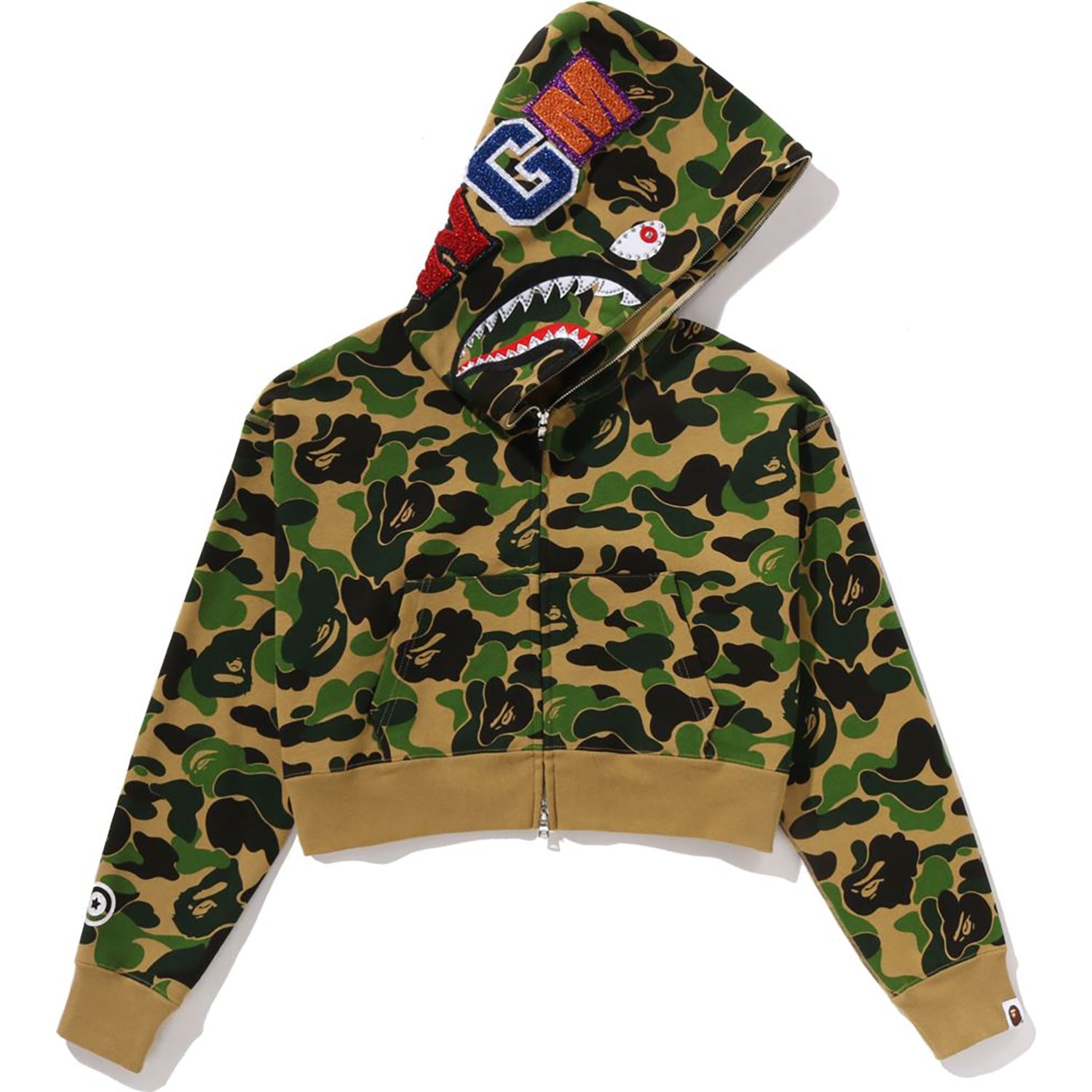 ABC CAMO CRYSTAL STONE SHARK CROPPED FULL ZIP HOODIE LADIES