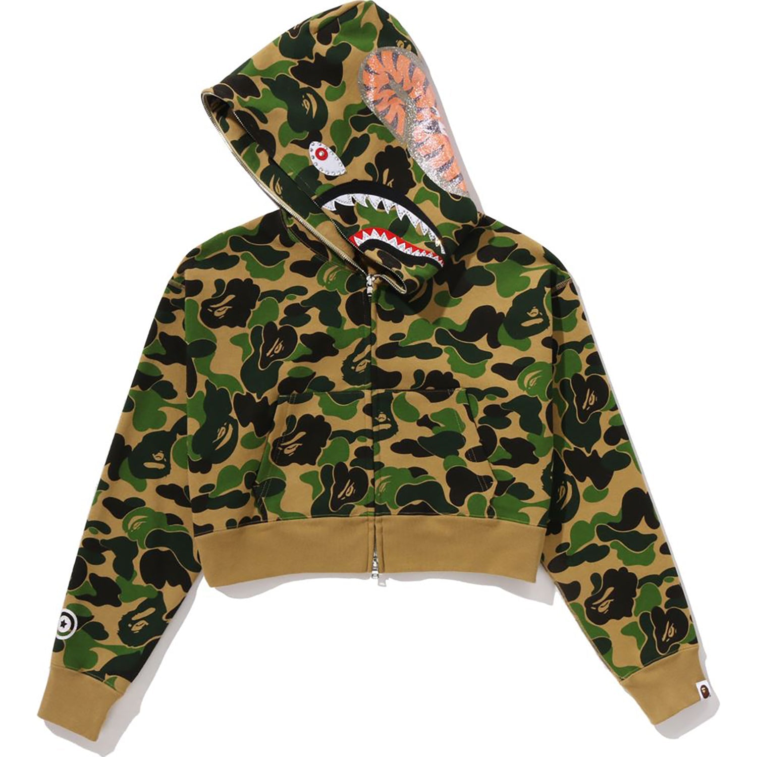 ABC CAMO CRYSTAL STONE SHARK CROPPED FULL ZIP HOODIE LADIES