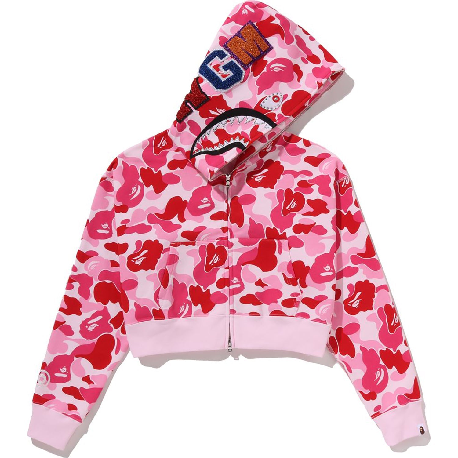 ABC CAMO CRYSTAL STONE SHARK CROPPED FULL ZIP HOODIE LADIES