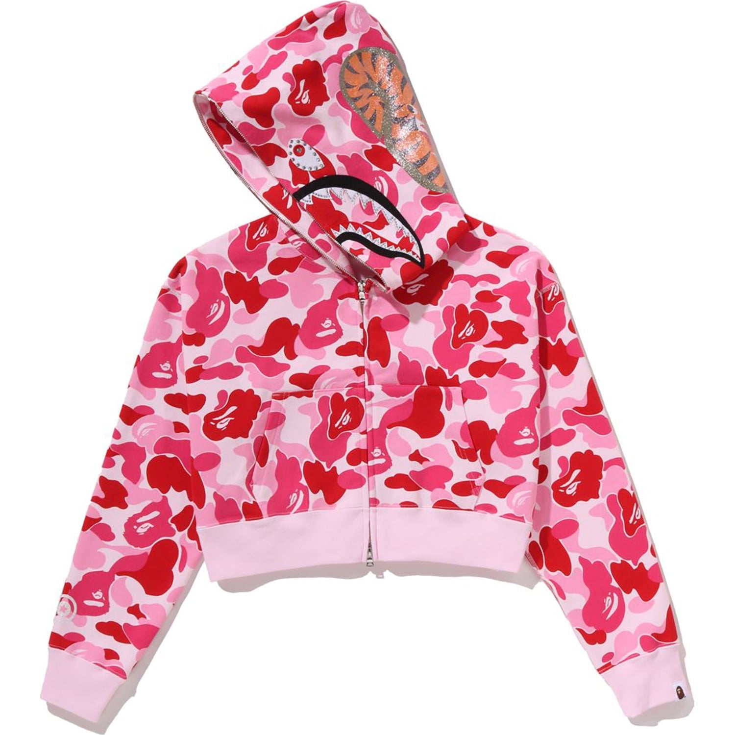 ABC CAMO CRYSTAL STONE SHARK CROPPED FULL ZIP HOODIE LADIES